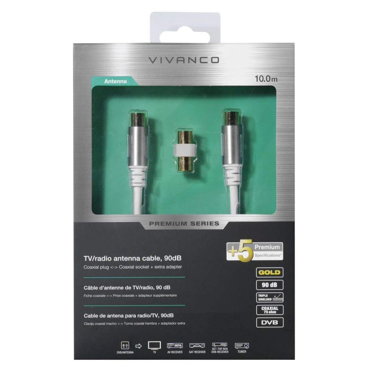 VIVANCO Premium Antennenkabel, 10m, 90 dB, vergoldet, mehrfach geschirmt, Knickschutz, inkl. Adapter, kompatibel mit TV Radio – Bild 3